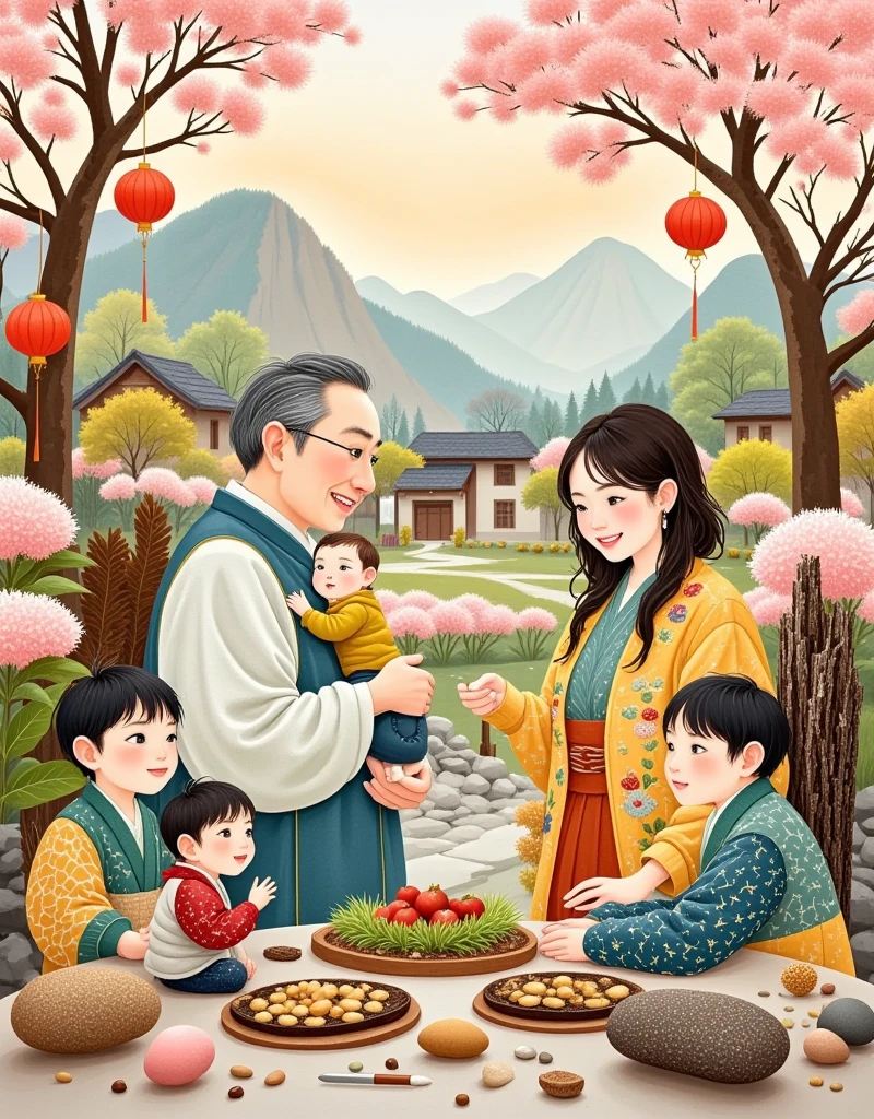 1swpth1, Happy, harmonious, multi-generational family Dragon motif, symbolizing wisdom and benevolence Nine smiling children, diverse personalities and talents Grandpa carrying toddler, watching baby crawl Grandma holding newborn, sons helping prepare meal Lush garden, red lanterns, peach blossoms Traditional Chinese architecture, tiled roof, curved eaves Colorful folk attire robes, unity in diversity Chinese zodiac animals decorate the lively scene Celebrating new year spring festival together