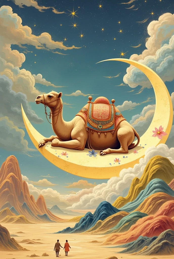 Close-up of a painting of a camel on a crescent moon,  a beautiful art illustration , Dream Painting, ,  intricate fantasy painting , Wonderful fantasy landscape art ,  Inspired by Victor I ,  is just a joke ,  Arjannel , Fantastic Watercolor , Charming and otherworldly,  Defeated Ngai Style , Illustration Art, Decorative flower