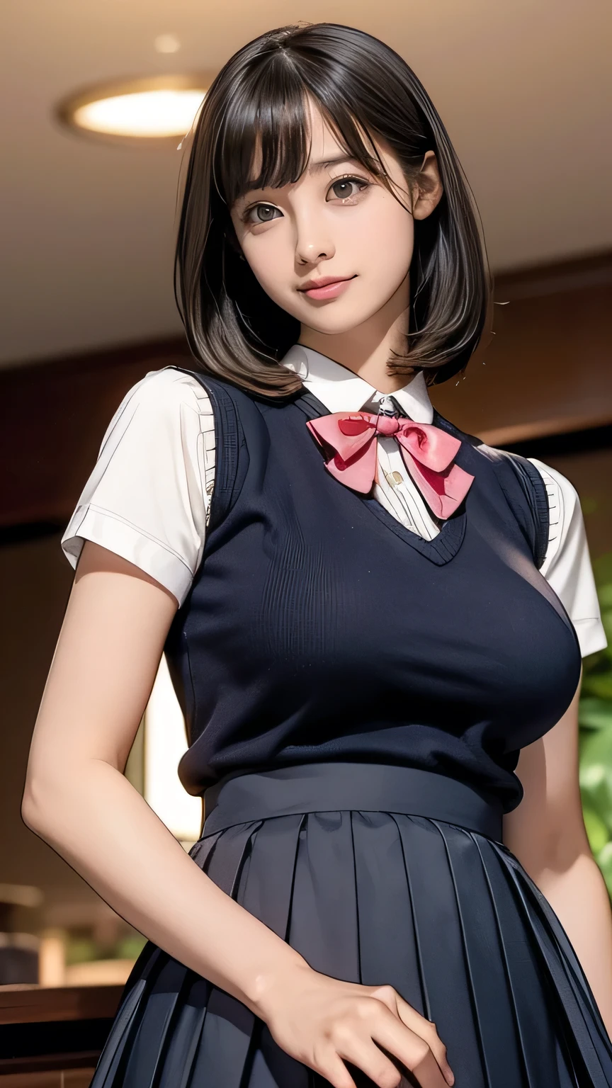 (masterpiece:1.2, highest quality), (realistic, photorealistic:1.4), beautiful illustrations, (natural side lighting, movie lighting), Depth of written boundary,
looking at the viewer, Front view, 1 girl, English, high school girl, 20 years old, perfect face, Cute symmetrical face, shiny skin, open legs,
(bob hair:1.7,blonde), asymmetrical bangs, Big eyes, droopy eyes, long eyelashes chest), thin,
beautiful hair, beautiful face, fine and beautiful eyes, beautiful clavicle, beautiful body, beautiful breasts, beautiful thighs, beautiful feet, beautiful fingers,
((fine fabric texture, brown knit vest, short sleeve white collar shirt, navy pleated skirt, Navy bow tie)),
(beautiful scenery), evening, (Inside the flower shop), Are standing, (smile, Upper grade, open your mouth), (((skirt lift, white sexy panties, ???????? visible))), full body shot, dark blue socks, sexy face, inverted nipples,