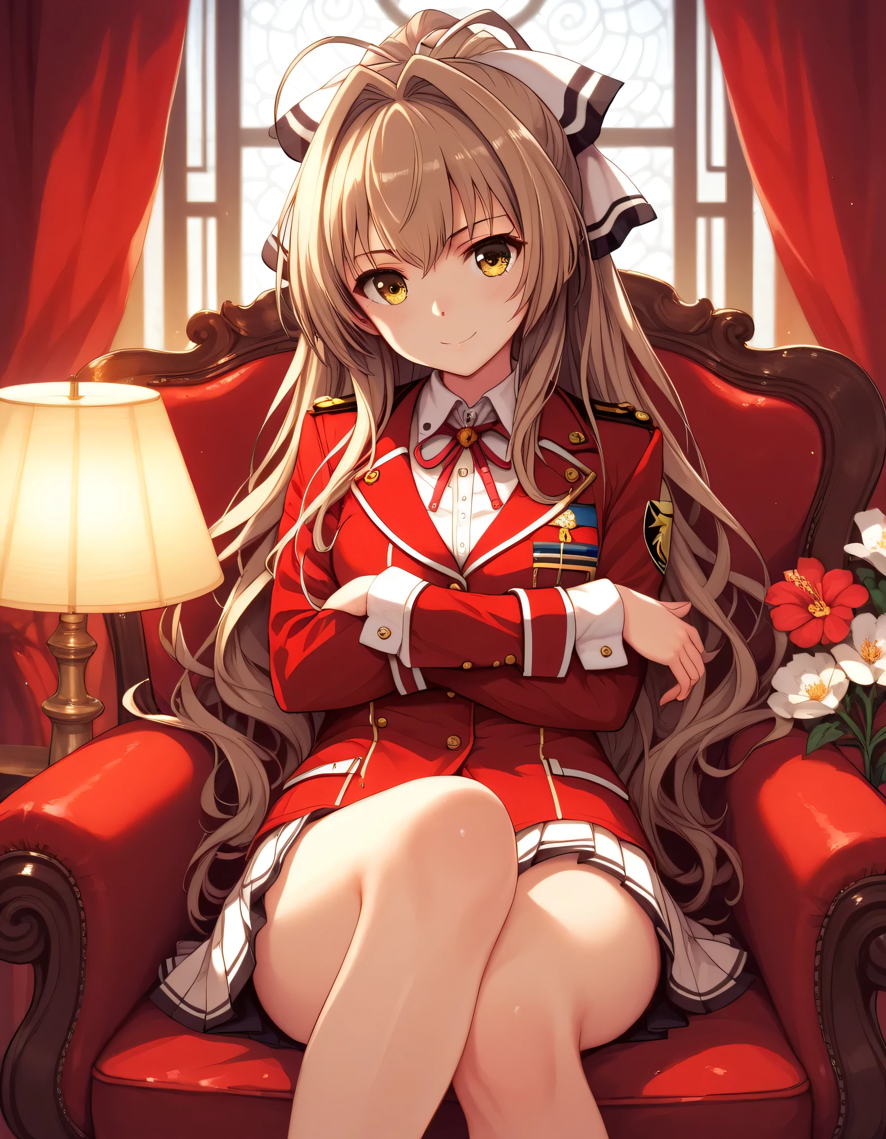 masterpiece,  best quality,  very sophisticated,  absurd,
 1 girl, Sento Isuzu, Amagi Brilliant Park ,  brown hair,  yellow eyes, Aguillette , Red coat,   neck ribbon ,  pleated skirt,  detailed background with white knee-high ,  Long Sleeve , uniform,  sleeve cuffs ,  arm-crossed, indoor, curtain, lamp, flower,  Window , Tassel, chair,