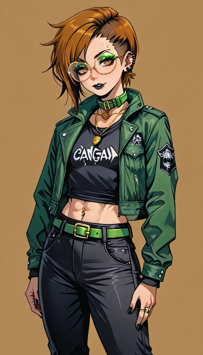 1boy;Androgynous;brown colored hair;punk undercut haircut;gold eyes;freckled skin;toned,athletic body;black lip gloss;black eyeliner;green eyeshadow;sharp black nails;round glasses;black tight full shirt;black cargo pants;green belt;Green Canvas Jacket;Combat Boots;amber pendant;green collar;pierced ears;GothMOONXL;yazawa oke
