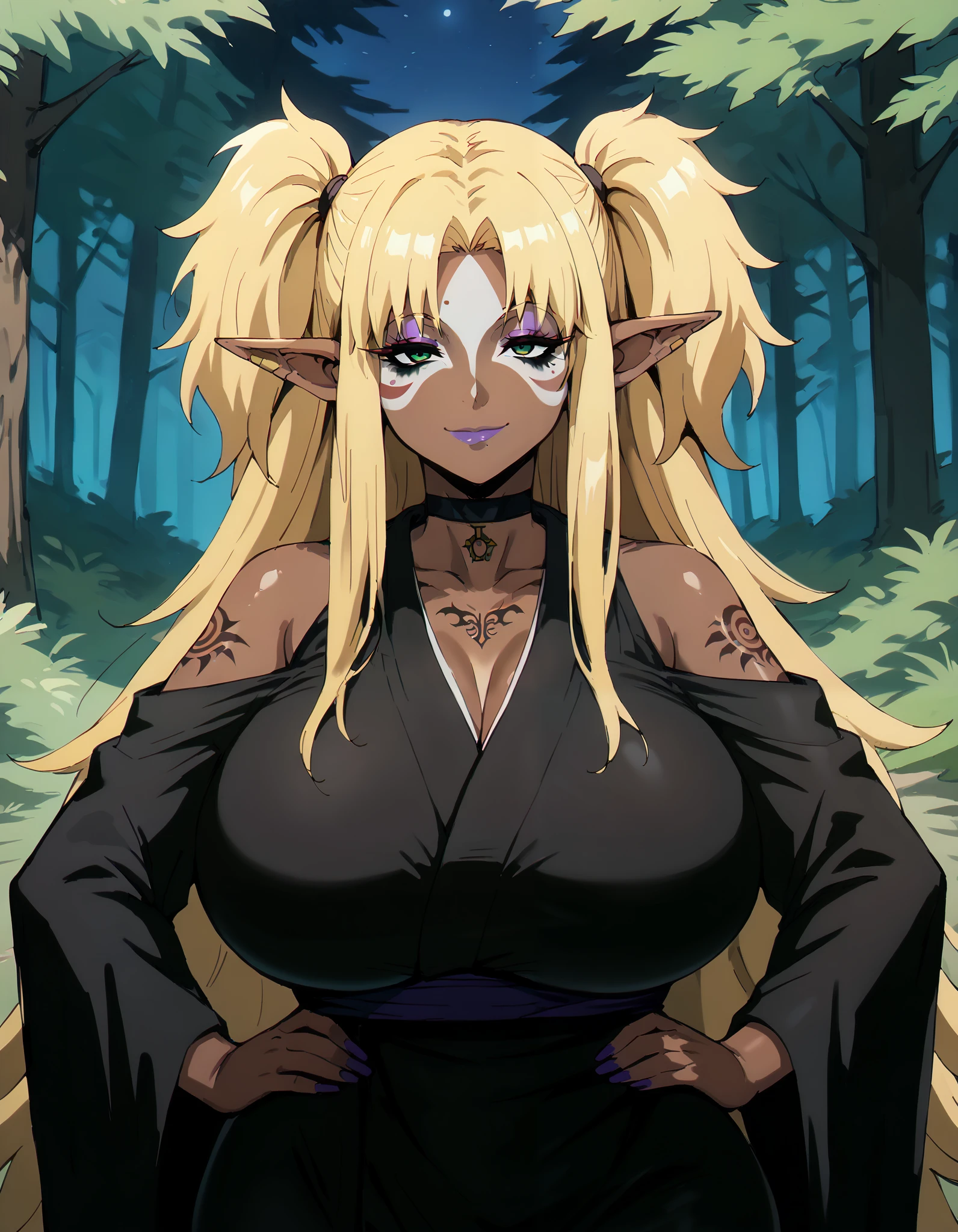 score_9_up, score_8_up, score_7_up, 1girl, milf, solo, (dark skin, jet-black skin), serie, (huge breasts:1.3), (((blonde hair), long hair, messy hair, sidelocks, parted bangs, two side up, green eyes, half-closed eyes, pointy ears)), purple lips, yamanba, makeup, eyeshadow, (white facepaint makeup), facial mark, face stickers, piercings, tattoos, ((choker, bare shoulders, black kimono)), ((light smile), closed mouth), ((hands on own hips, forest, night))