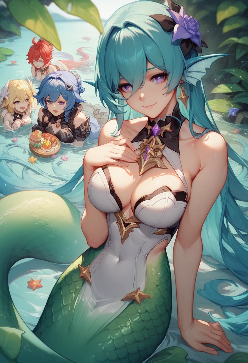 Anime girl. short orange hair. blueeyes. Wet skin. Nude, no clothing. Massive breasts. nipples. Laying on back. Vulva, vagina. Beach. Ocean. Water. Wet skin. Arms above head. Lamia. Snake tail. full body