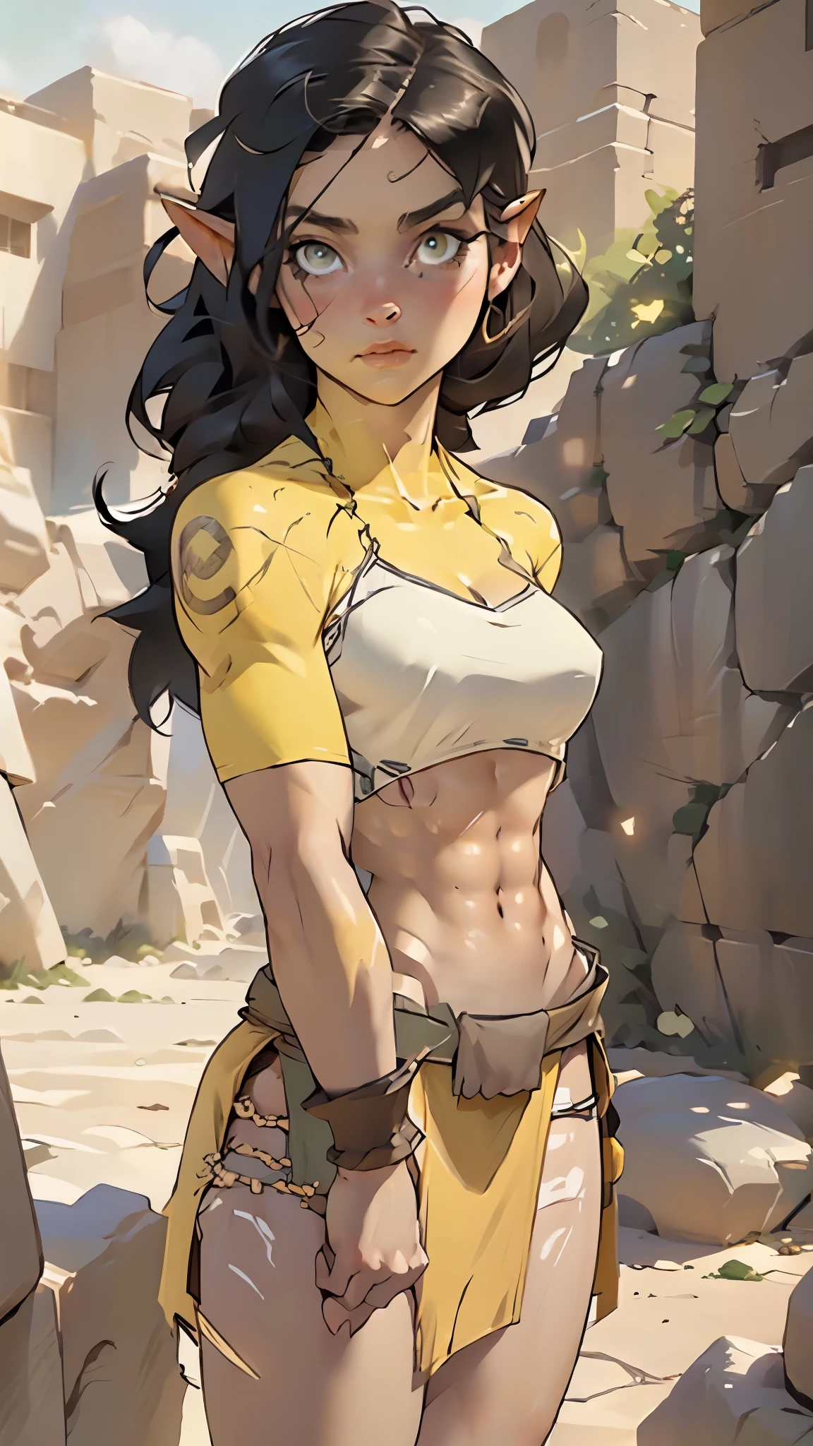 orc, orc girl, dark skin, mature orc girl, abs, toned,  long black hair,  heavy armor outfit, bikini armor, erotic expression, large breasts,((loincloth)),

(very yellow skin,yellow colored skin,yellow gray colored skin,yellow skin,yellow face)

muscle legs:1.5,muscular thighs:1.5,muscular girl:1.5,muscular:1.5,feminine and muscular,((ABS:1.5)),arm muscle:1.5,Strong physique,bulky:1.5

(dynamic pose:1.0),(centered,scale to fit dimensions,Rule of thirds,cowboy shot),

desert scenery:1.25,((stones scenery)),

((best quality)), ((masterpiece)), (detailed), Realistic Shadows, Detailed skin, Very detailed, highly detailed face, Perfect face shape, Perfect lips, Perfect nose, Correct beautiful eyes, Watching Viewer, Best Quality, (nsfw:0.5), ((flat chested, flat stomach, baby face)), (intense colors), ((3d)),

