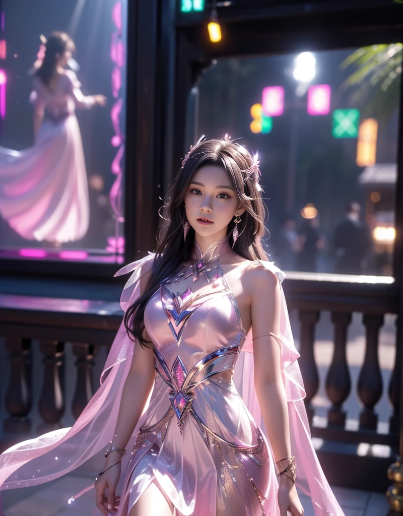 8K, UHD, MAsterpiece, best quality, 1 girl, deatiled face, happy pace, very long hair, perfect breasts, decorated dress, very beautiful ornaments dress, red color, lace, sardine, loops, legendary night balcony, depth of field, cinematic lighting, chromatic aberration, motion blur, glowing light, god rays, ray tracing, reflection light, backlighting, navel, upper body,