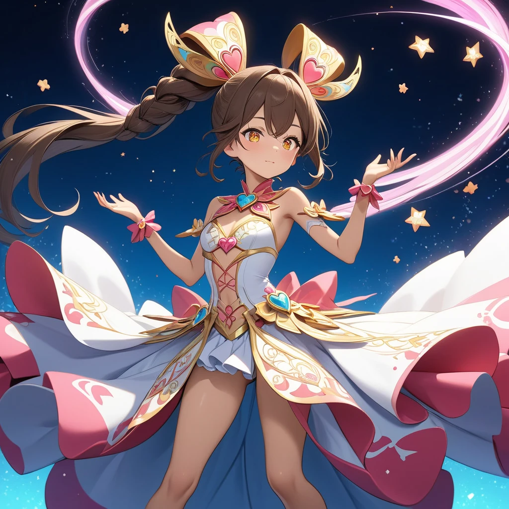 Highest quality、Very delicate and beautiful、Very delicate and beautiful、(Beautiful eyes)、Pink Eyes、I、I、、13 years old 、Japanese、、Chiquita、(armor)、(Black Hair)、((Pink leotard))、(High leg)、Tiara on head、Laughter、standing、Look forward、((The background is outer space))