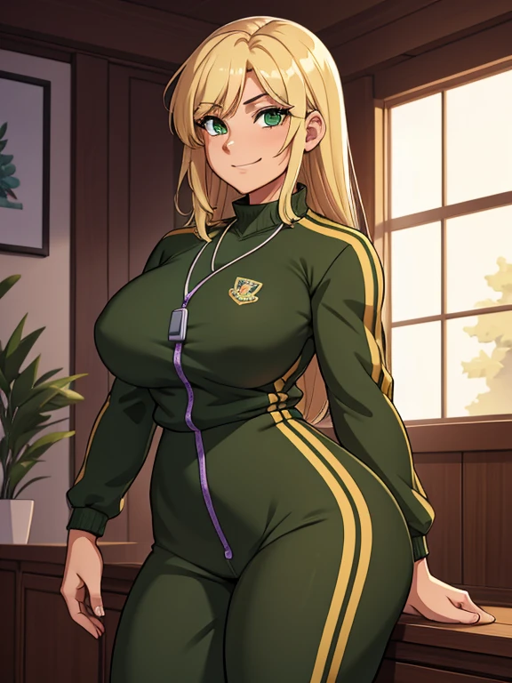 (masterpiece:1.2), best quality, high resolution, unity 8k wallpaper, (illustration:0.8), 1girl, solo, a woman in her mid-thirties, green eyes, blonde hair, tan-olive skin, medium breasts, wide hips, thick thighs, she has a thick lower body, wearing a purple tracksuit and a silver necklace with a whistle attached to it, she's a coach, she has an arrogant smile on her face
