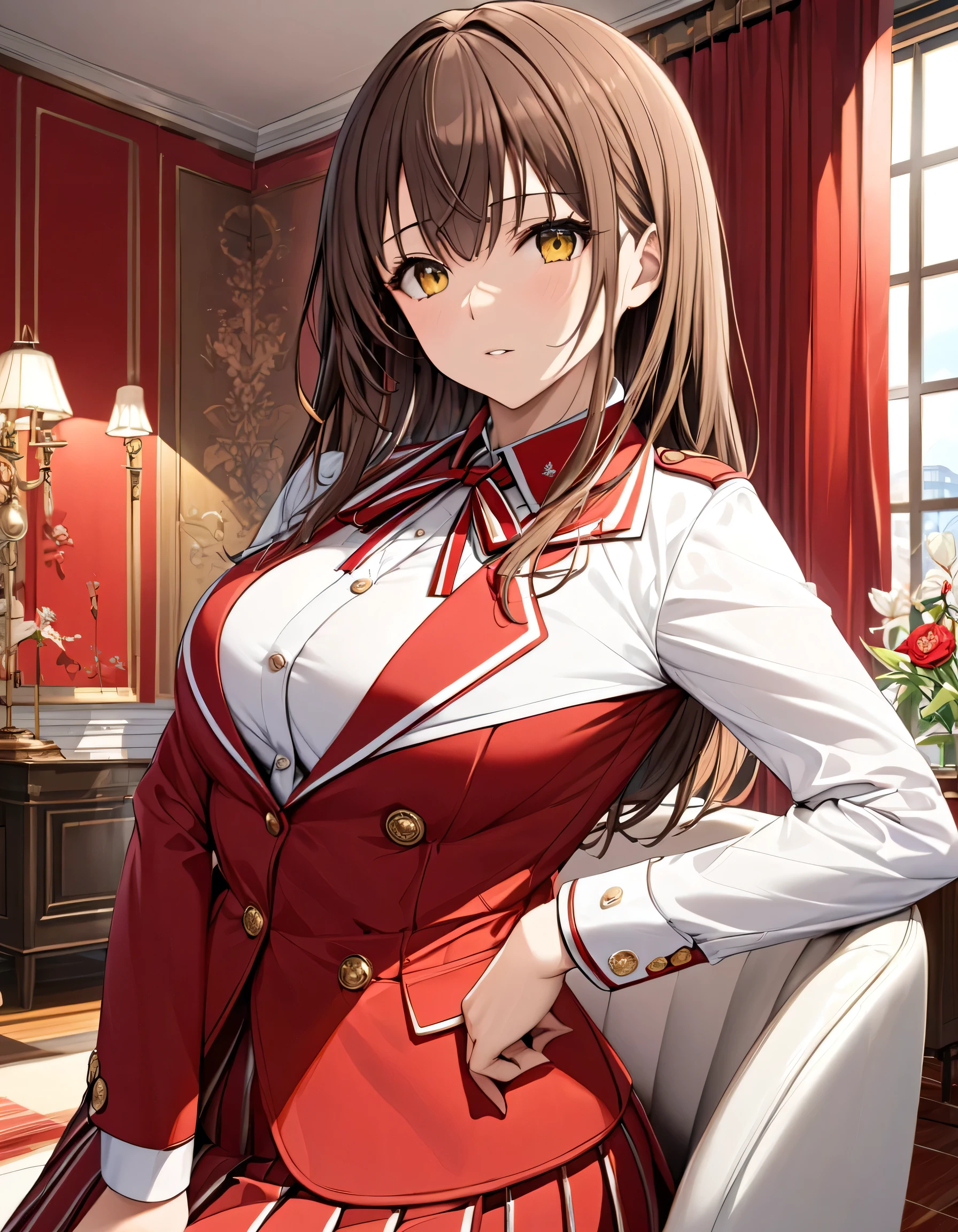 masterpiece,  best quality,  very sophisticated,  absurd,
 1 girl, Sento Isuzu, Amagi Brilliant Park ,  brown hair,  yellow eyes, Aguillette , Red coat,   neck ribbon ,  pleated skirt,  detailed background with white knee-high ,  Long Sleeve , uniform,  sleeve cuffs ,  arm-crossed, indoor, curtain, lamp, flower,  Window , Tassel, chair,