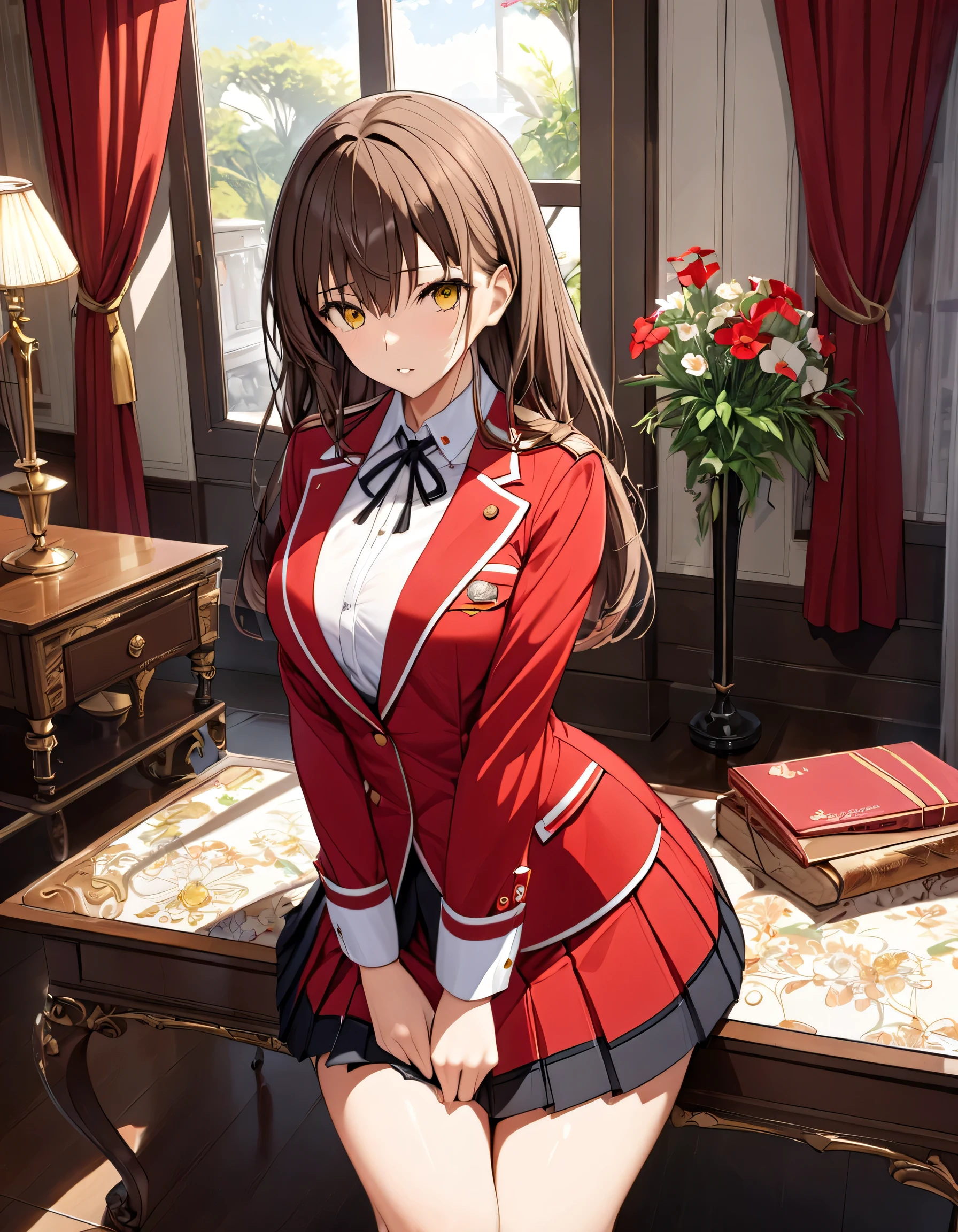 masterpiece,  best quality,  very sophisticated,  absurd,
 1 girl, Sento Isuzu, Amagi Brilliant Park ,  brown hair,  yellow eyes, Aguillette , Red coat,   neck ribbon ,  pleated skirt,  detailed background with white knee-high ,  Long Sleeve , uniform,  sleeve cuffs ,  arm-crossed, indoor, curtain, lamp, flower,  Window , Tassel, chair,