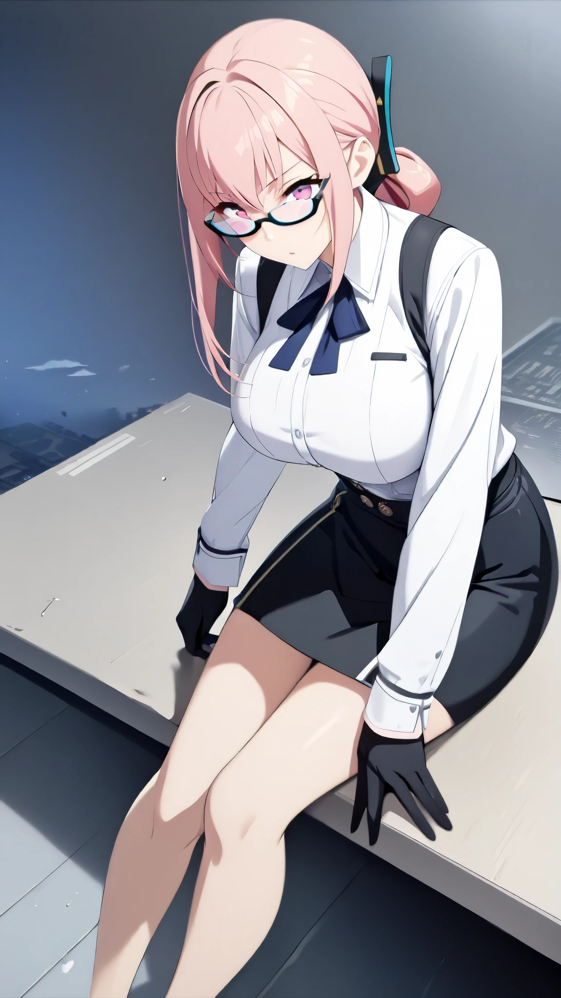 extremely detailed CG, high resolution, best quality, masterpiece, 1 girl, Tsukishiro Yanagi (Zenless Zone Zero:1.4), light pink hair, long hair, hair tied back with a blue ribbon, light pink eyes, (wears glasses: 1.5), BREAK, professional attire, secretary attire, (white shirt: 1.4), black ribbon, wears an oni shaped pauldron on her right shoulder, black gloves, (black skirt: 1.4), BREAK, big breast, long legs, BREAK, bending on desk, shot from behind