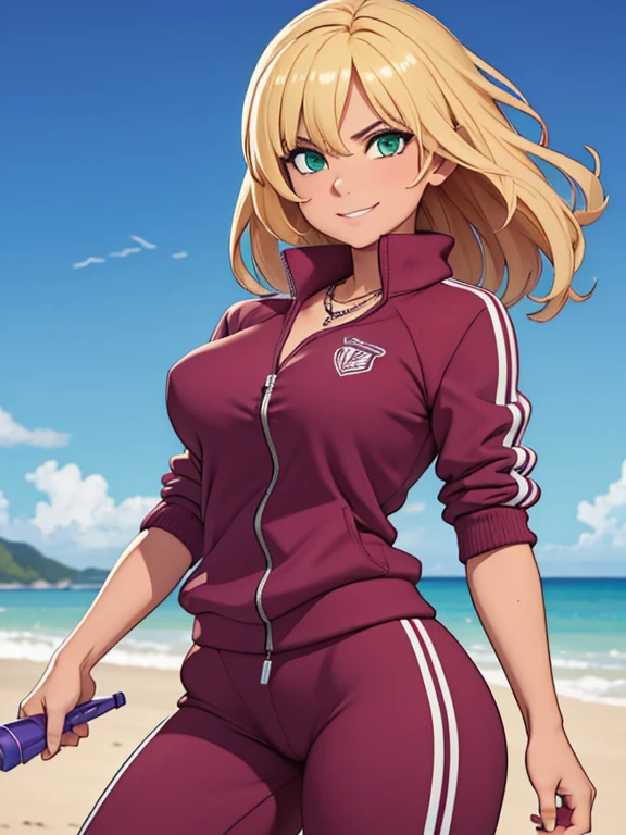 (masterpiece:1.2), best quality, high resolution, unity 8k wallpaper, (illustration:0.8), 1girl, solo, a woman in her mid-thirties, green eyes, blonde hair, tan-olive skin, medium breasts, wide hips, thick thighs, she has a thick lower body, wearing a purple tracksuit and a silver necklace with a whistle attached to it, she's a coach, she has an arrogant smile on her face
