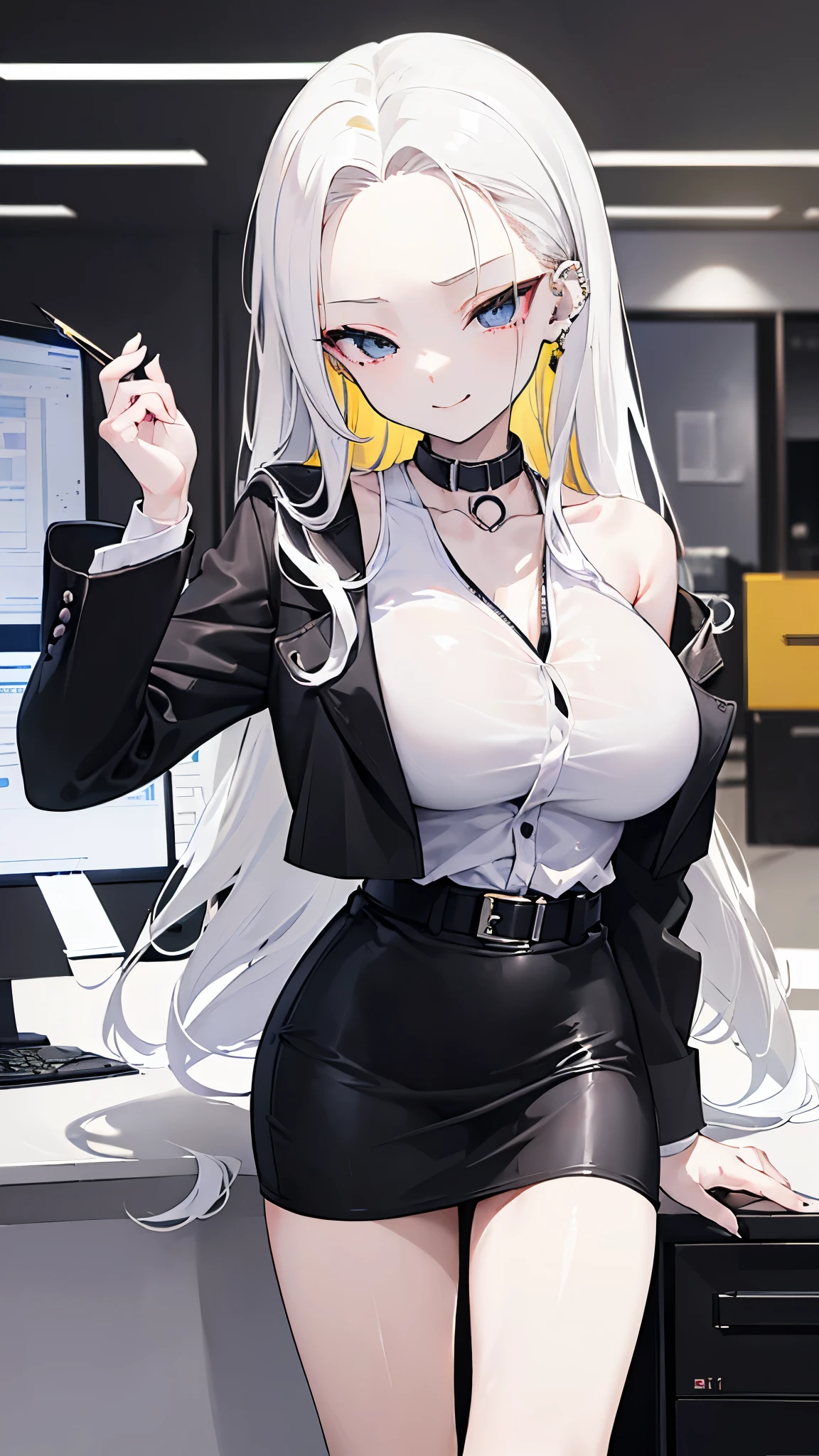 1 Girl, Animation 2 only.5D style image of a woman wearing a short black skirt and suit, Surreal woman, Digital Anime Illustration, Office Clothing, Office female staff, Attractive anime girl, Digital Animation Art, Surreal details, detailed Digital Animation Art, Realistic texture, Blonde hair double ponytail. 4K, schoolgirl, Any digital art on pixiv (Detailed CG),(((Full and soft breasts,)))(((Large Breasts))) (((Cleavage))),
