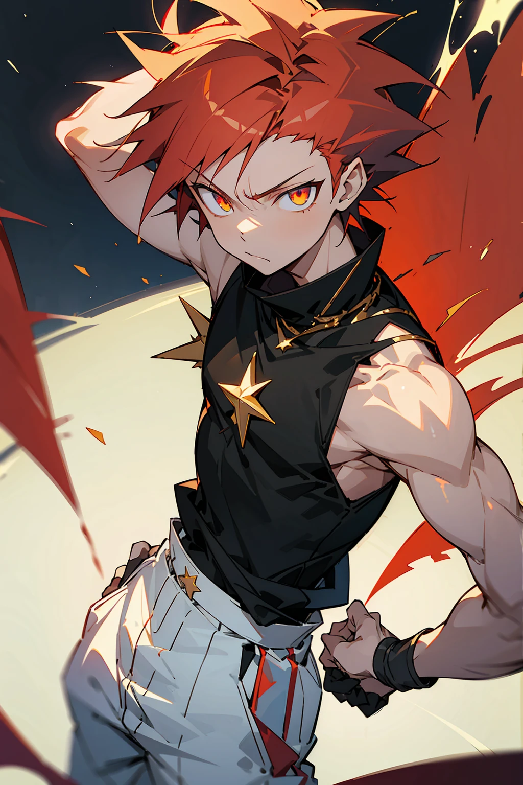 1male, Pre Teen, Spikey Hair, Crimson Hair, Gold Star Eyes, Black Sleeveless shirt, White baggy pants, Night Time, Cocky Expression