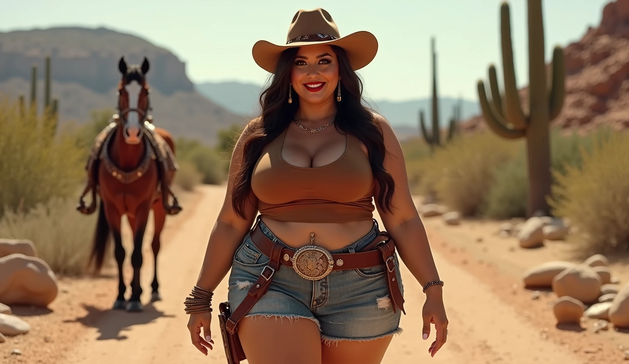 masterpiece, best quality, highres, sf1, midriff, purple skirt, crop top, purple thighhighs, bare shoulders, medium breasts, belt, cowboy shot, leaning forward, bbw, plump, large belly, large breasts, large thighs, love handles, wide hips, weight gain