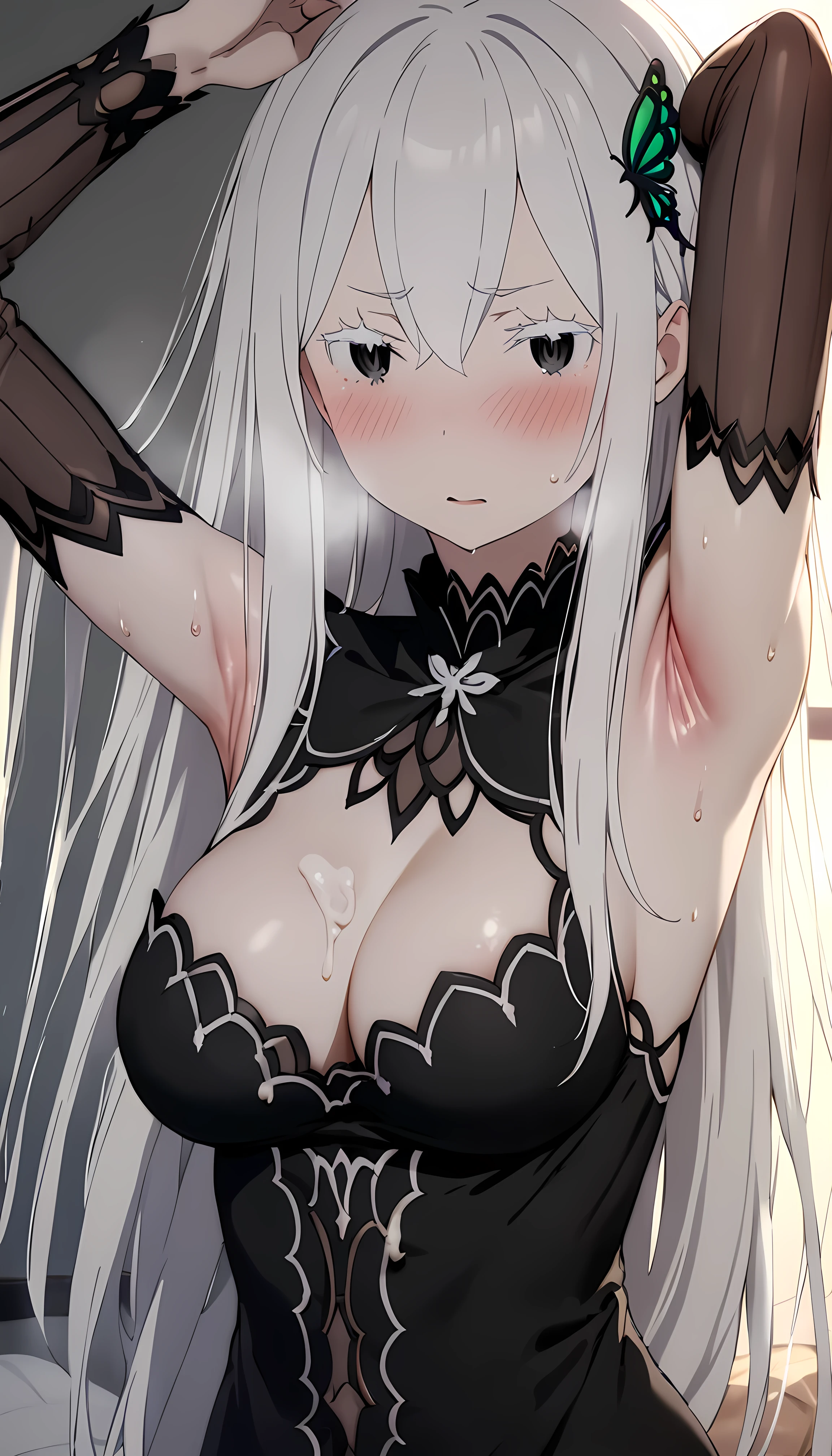 (masterpiece:1.2),(live-action:1.2)hyper detail, best quality, (intricate_details:1.1), beautiful detailed, beautiful hair,white hair,long hair,1girl,(echidna:1.1),(Re:Zero:1.1),heavy breathing,shoulder,cleavage,backlighting,medium breasts,from front,throw,girl lying on bed,sweat skin,bed room,black dress,(charcoal eyes:1.1),butterfly hair ornament,we have,blush,(armpit:1.1),steam,sweat,white eyelashes,cum on armpit,jitome,cum on armpit