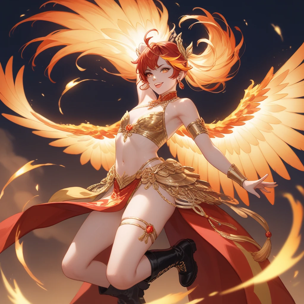((hair-color)) (Fiery bright orange and red gradient。)
	((Eye color)) (Fiery ruby red。)
	((skin)) (tanned bronze color。The skin is sprinkled with a fine golden shimmer。)
	((Feather Accessories))behind the ears or on the arms,、Fiery feather accessories on the back。
	((styles)) (Elegant and glamorous。an orange、reddish、Prefer golden outfits)
	((stature)) (in the middle of the back,、Good posture and elegance。)
	((The tattoo)) (Phoenix silhouette and flame pattern tattoo on arm and back。)
	((Physique)) (slender but muscular,,。The movements are supple and elegant。)