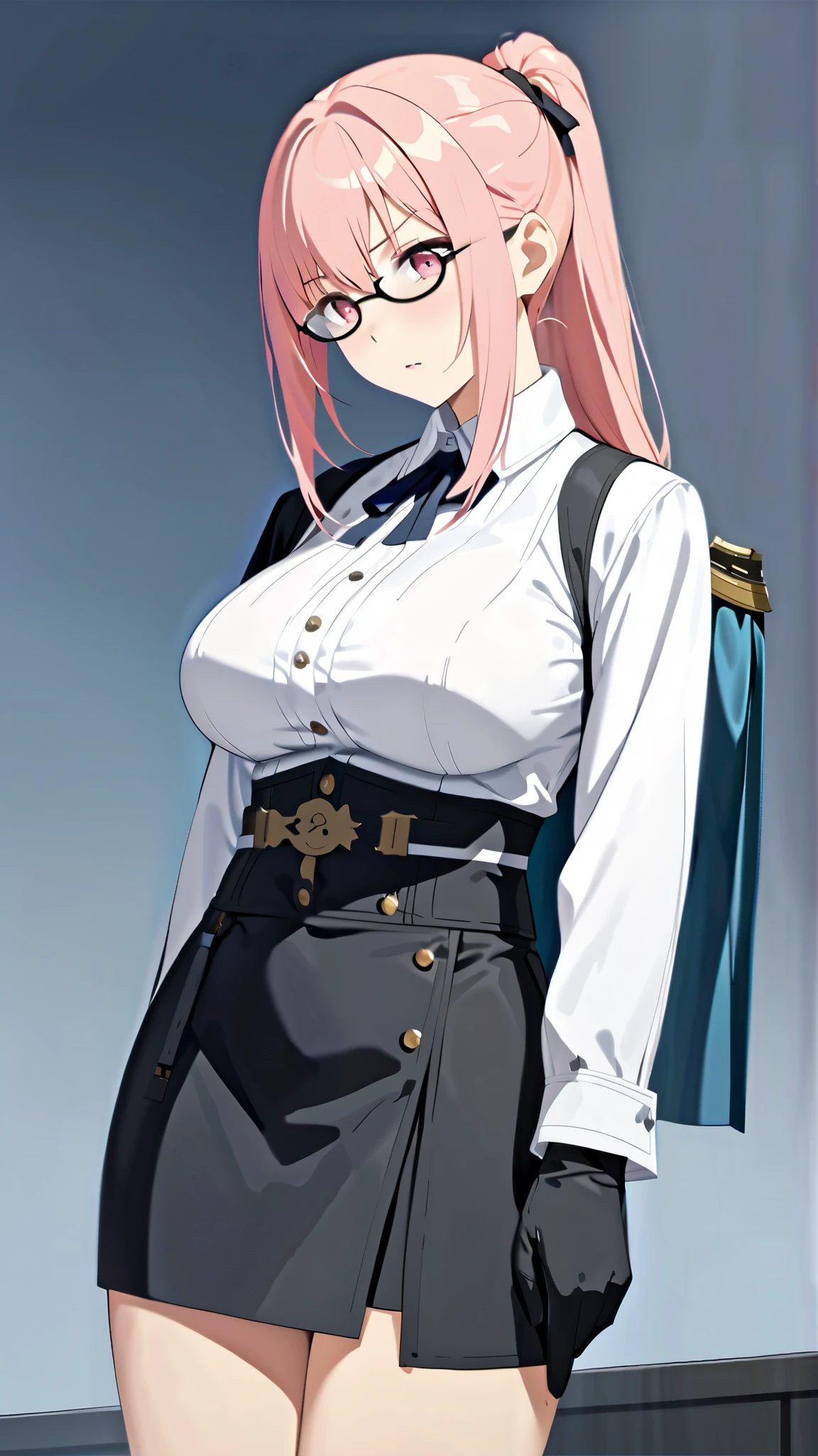 extremely detailed CG, high resolution, best quality, masterpiece, 1 girl, Tsukishiro Yanagi (Zenless Zone Zero:1.4), light pink hair, long hair, hair tied back with a blue ribbon, light pink eyes, (wears glasses: 1.5), BREAK, professional attire, secretary attire, (white shirt: 1.4), black ribbon, wears an oni shaped pauldron on her right shoulder, black gloves, (black skirt: 1.4), BREAK, big breast, long legs, BREAK, shot from behind