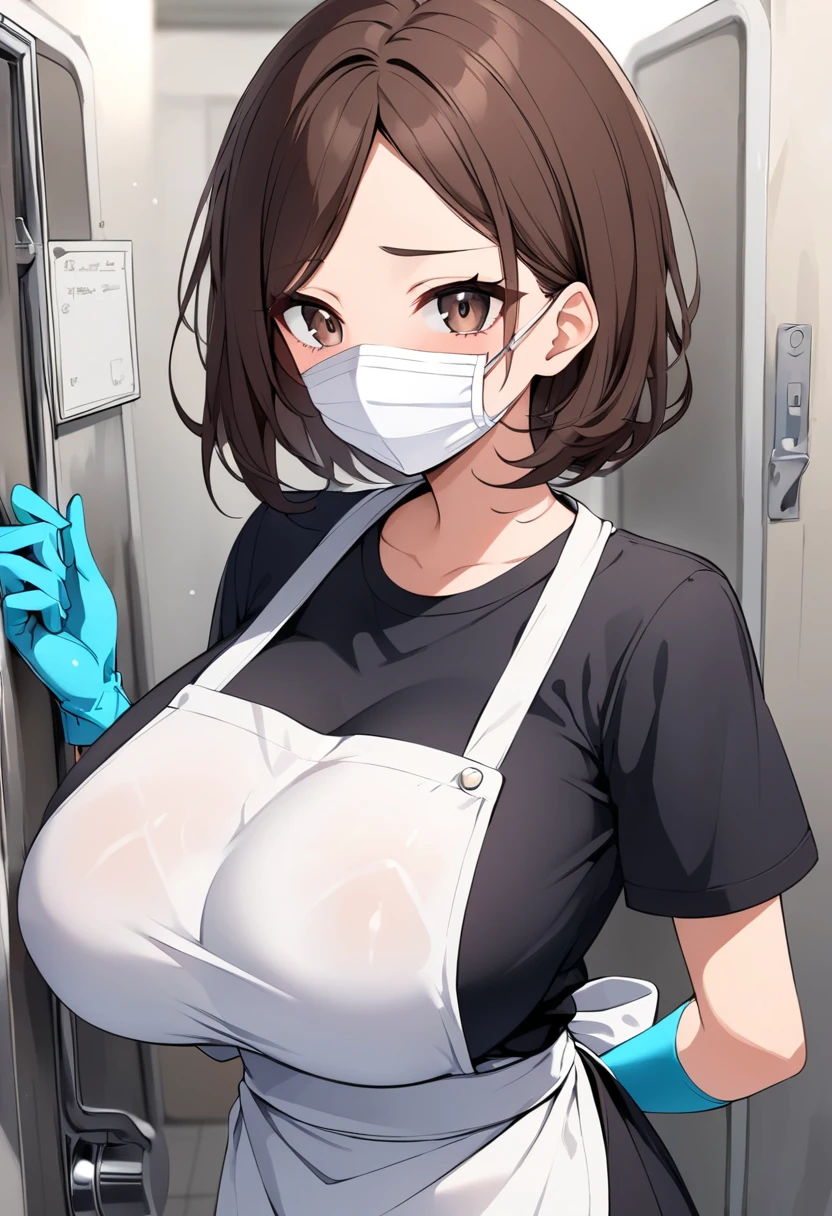  with a bright expression ,  big boobs,  short dark brown hair, Dark brown eyes ,  wear a white cotton apron, Wear rubber gloves ,  wear a white mask , Public toilet seat compartment interior background
