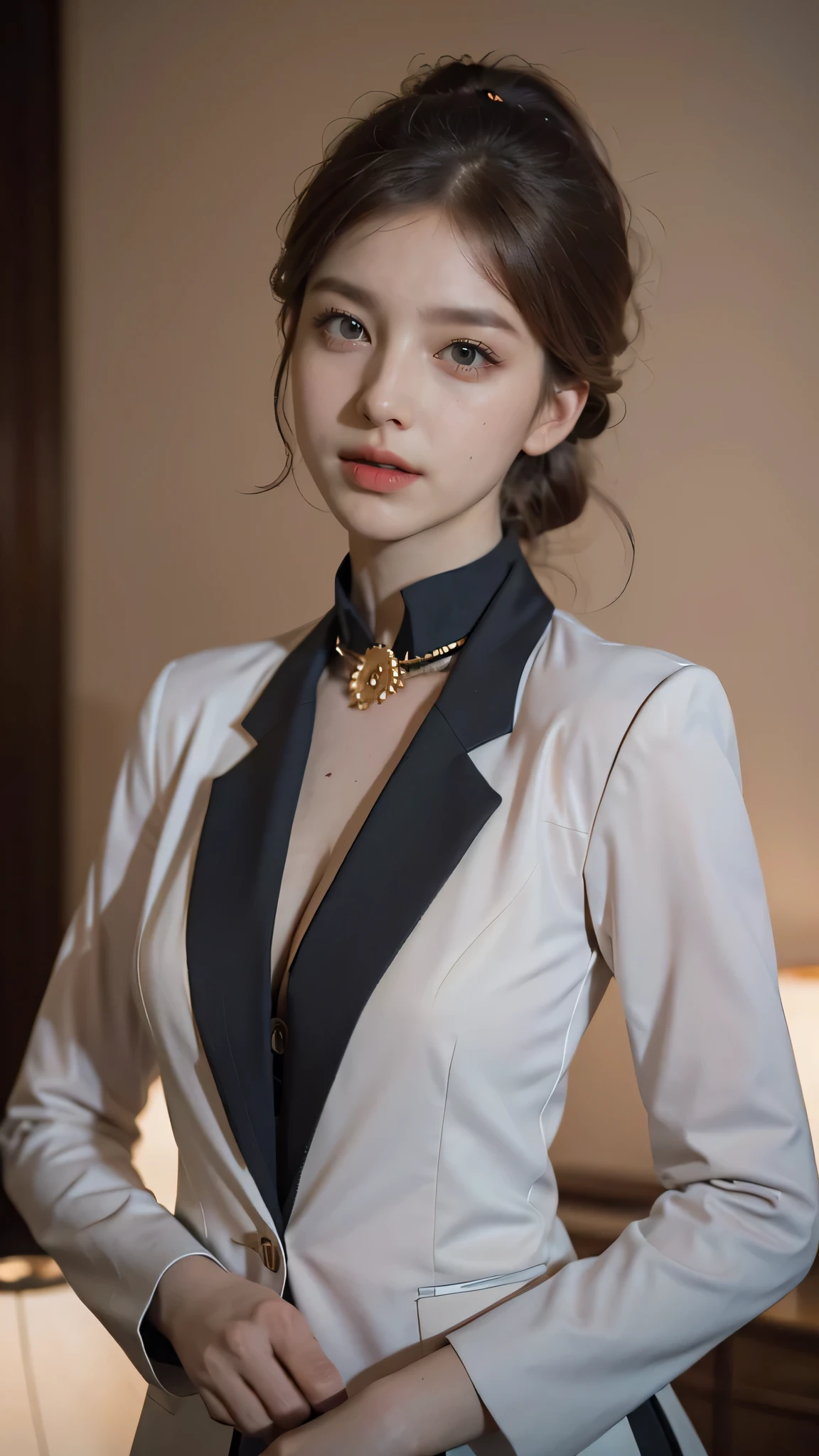 (best quality, masterpiece:1.3), (actual, photo actual:1.3), ultra high resolution, ultra high definition, Extremely detailed CG unified 8k wallpaper, (actual skin, Delicate skin), (perfect anatomy), (official art, Beautiful and beautiful), (generous smile:1.3), (seductive face:1.3), (korean woman:1.3), alone, depth of field, classroom,(big breasts:1.1),(cowboy shot:1.5), (business suit:1.3), (skirt),(plunging blouse),(necklace), (naturally look at camera:1.3), (blunt bangs:1.5), (stockings)