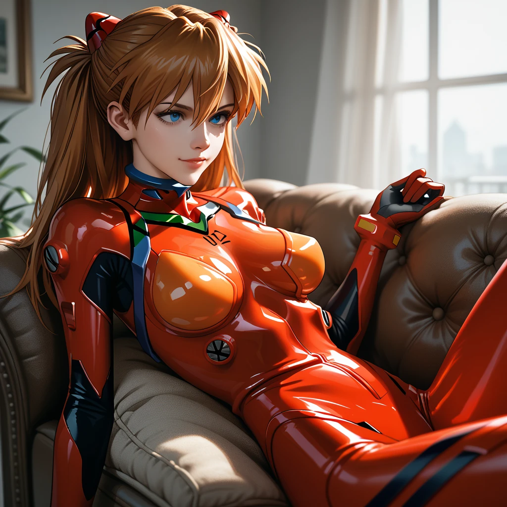 Asuka Langley,  from Neon Genesis Evangelion ,  wearing her classic red plug suit , casually sitting on the couch . Their posture exudes confidence,  with her arms resting on the sides and a slightly provocative smile on her lips.  Her long red hair is loose ,  falling freely down her shoulders ,  while her blue eyes shine with an expression of determination .  The fitted plug suit highlights her curves and large breasts ,  reflecting her strong and self-sufficient personality . anime,  anime style , sfw safe for work 