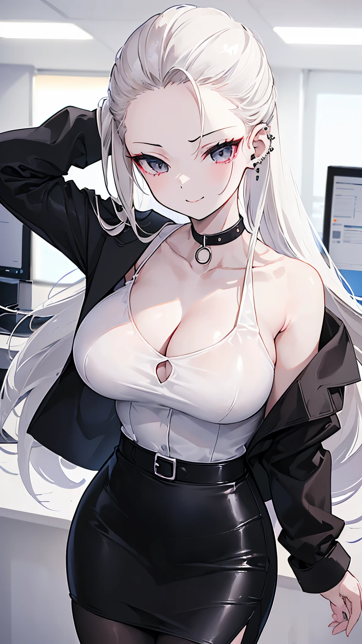 ((masterpiece、 best quality、 Very detailed))、 one girl、Blonde、 long hair、((bold、slicked back))、forehead、 gray eyes、evil smile、((lots of piercing))、(( Big Breasts ))、((black suit))、(( white shirt))、((clavicle))、cleavage、((black suit jacket))、((black pencil skirt))、((micro miniskirt))、 Cowboy Shot 、Office Background
