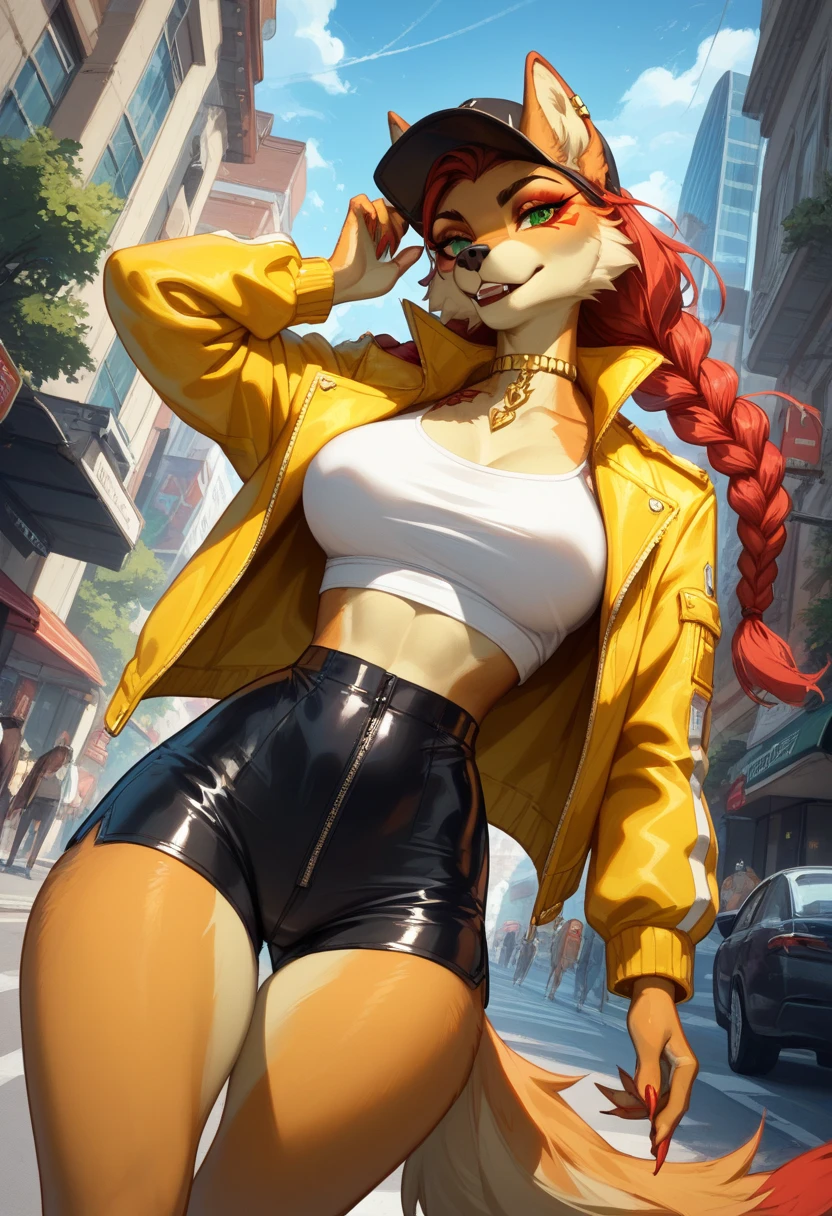    Bottom view of a sexy wolf   (Female furry,   a hairy anthropomorphic white wolf ),  Loba Moleca , gracious  ,    long blond hair ,    green eyes, ,   yellow jacket and white top combined with tight black latex shorts,cap ,  shining, long and thick legs,enchantment, magical,    fantasy art concept  ,    intricate details  , playing,  movement details , city street,  Dutch angle  ,