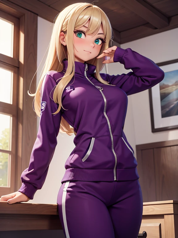 (masterpiece:1.2), best quality, high resolution, unity 8k wallpaper, (illustration:0.8), 1girl, solo, a woman in her mid-thirties, green eyes, blonde hair, tan-olive skin, medium breasts, she has a thick lower body, wearing a purple tracksuit and a silver necklace with a whistle attached to it, she's a coach, she has an arrogant smile on her face
