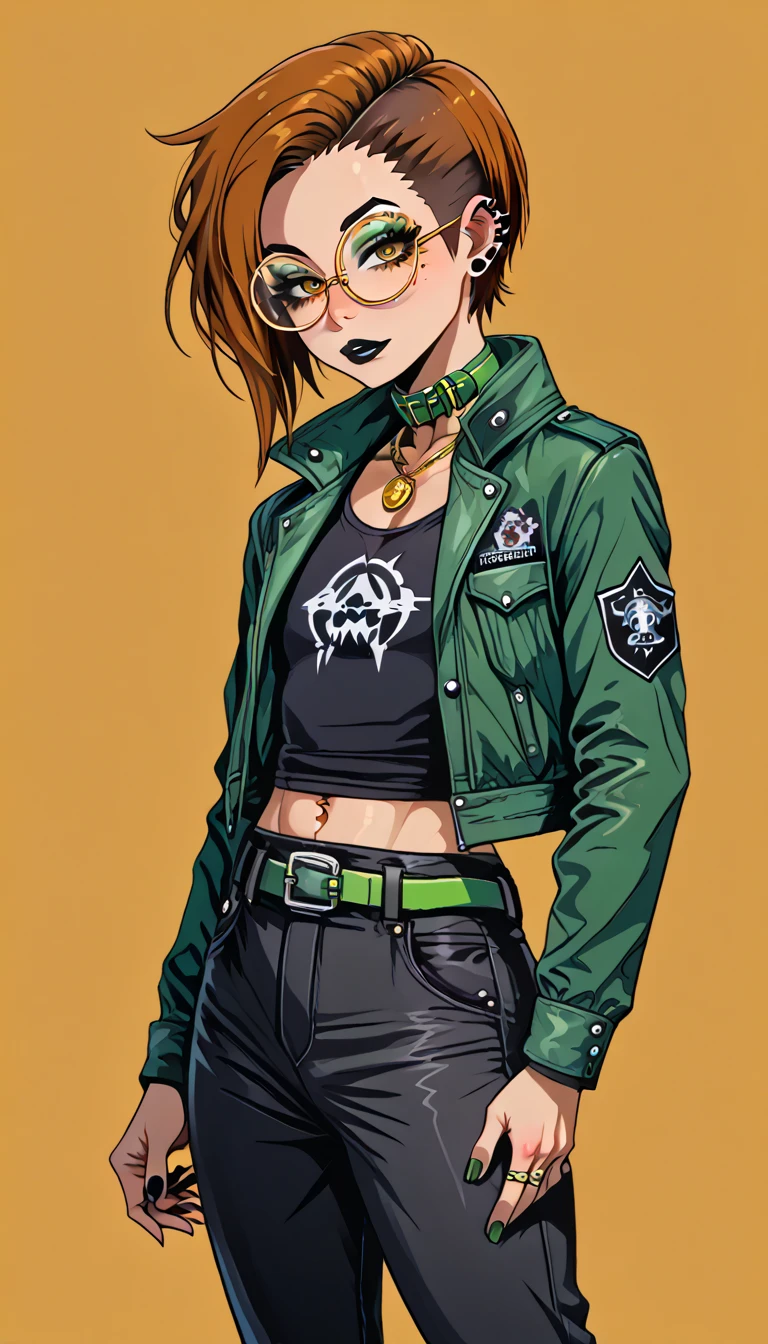 1boy;Androgynous;Mahogany brown colored hair;punk undercut haircut;gold eyes;freckled skin;toned,athletic body;black lip gloss;black eyeliner;green eyeshadow;sharp black nails;round glasses;black tight full shirt;black cargo pants;green belt;Green Canvas Jacket;Combat Boots;amber pendant;green collar;pierced ears;GothMOONXL;yazawa oke
