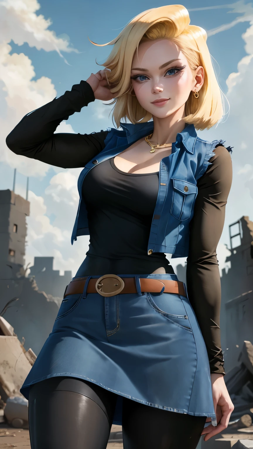 best quality, high-res, and18, 1girl, android 18, solo, blonde hair, blue eyes, belt, blue demin bodycon skirt, gold necklace, black shirt, short hair, long sleeves, striped sleeves, earrings, open vest, blue denim vest, large breasts, cowboy shot, forest, straight-on, (weather: windy), combat ready position, full length pantyhose, battle ruins, wide hips, shy smile,