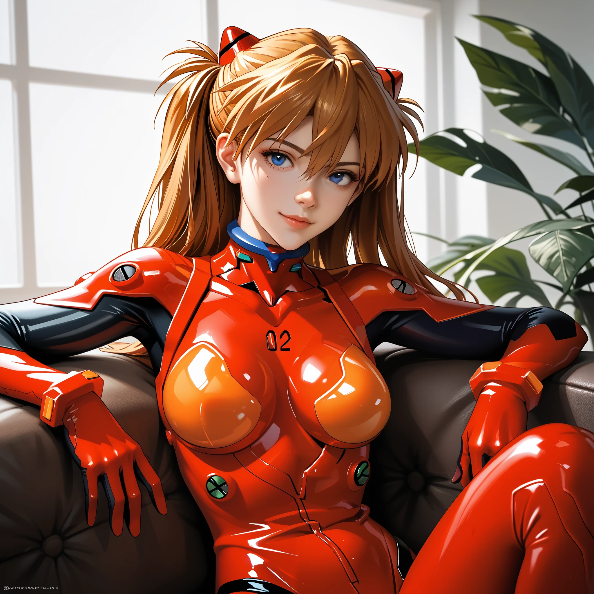 Asuka Langley,  from Neon Genesis Evangelion ,  wearing her classic red plug suit , casually sitting on the couch . Their posture exudes confidence,  with her arms resting on the sides and a slightly provocative smile on her lips.  Her long red hair is loose ,  falling freely down her shoulders ,  while her blue eyes shine with an expression of determination .  The fitted plug suit highlights her curves and large breasts ,  reflecting her strong and self-sufficient personality . anime,  anime style , sfw safe for work 