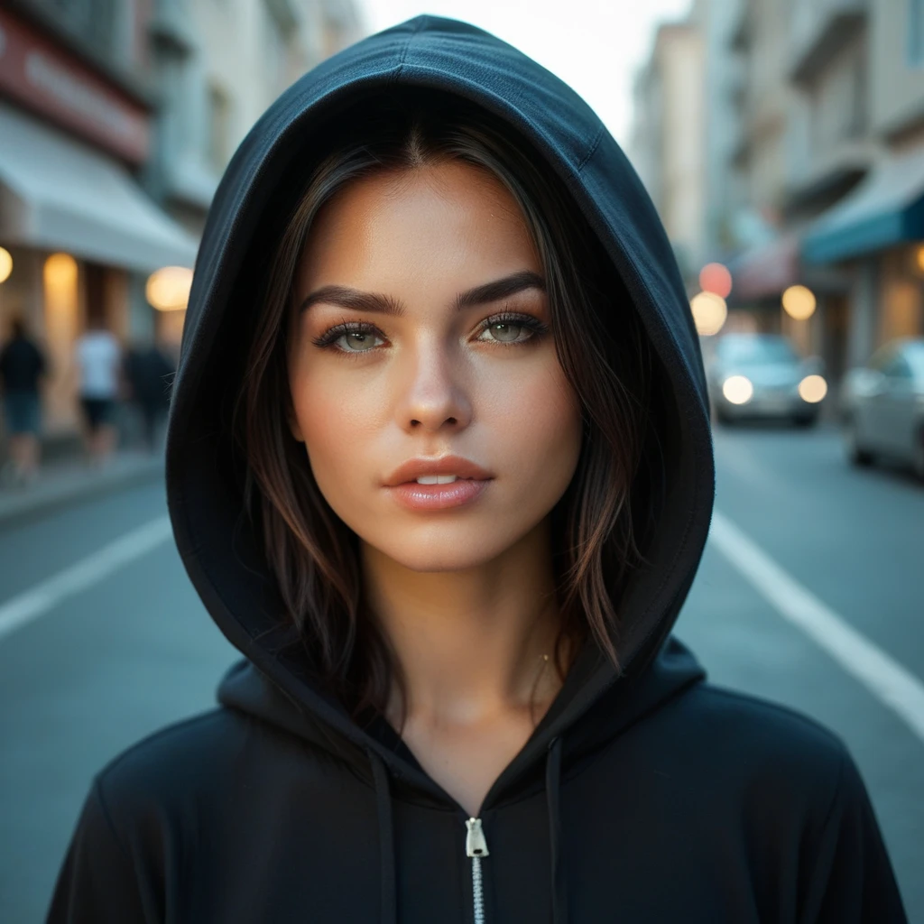 a photo of alina lopez, ohwx woman, on a city street, wearing a hoodie, close up, best quality 