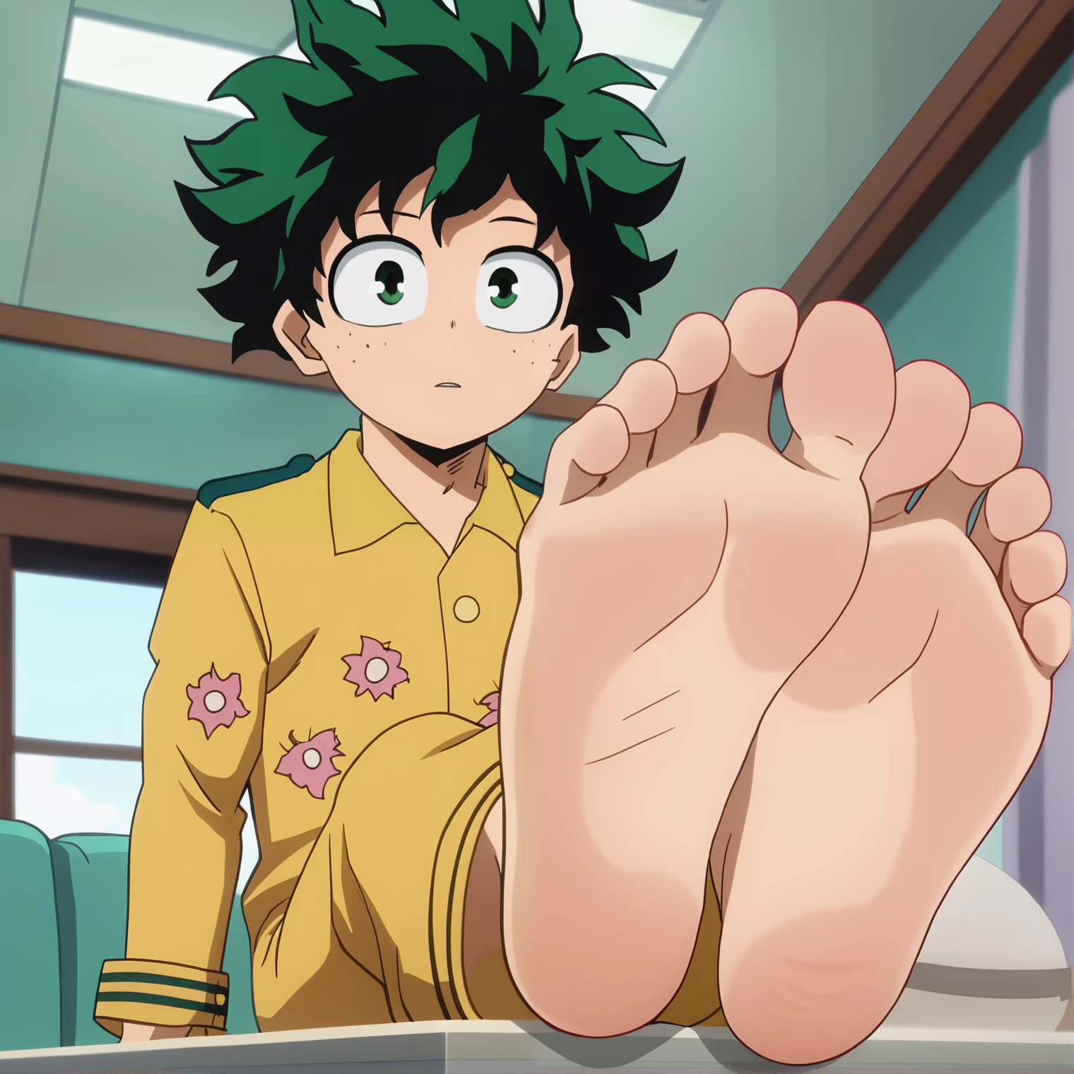 Score_9, score_8_up, source_anime, 1boy, Midoriya Izuku, big eyes, alone, looking at viewer, in his room, sitting, cowboy shot, ANIME SCREENCAP, anime coloring, barefoot, perfect feet, anatomically correct, soles, low angle, focal length 35mm, each foot has five toes, front, symmetrical soles, foot focus, wearing pajamas, long pants