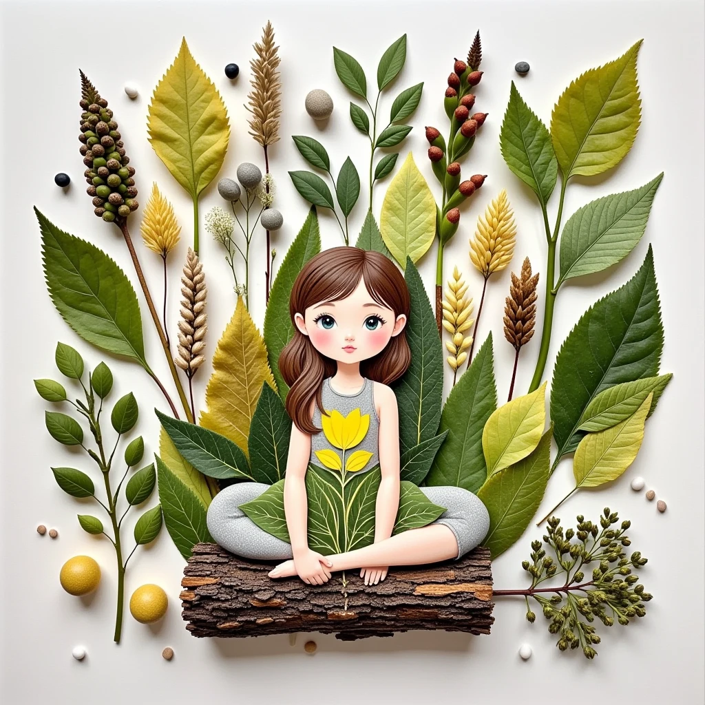  leaves and seeds of various plants、 bark and other parts ，Make a handmade sticker with stones ，Watercolor Pencil， ， sitting in a bunch of flowers made of leaves，The picture is of a beautiful girl holding a vase ，Sitting on your knees，Simple composition ， Master's work