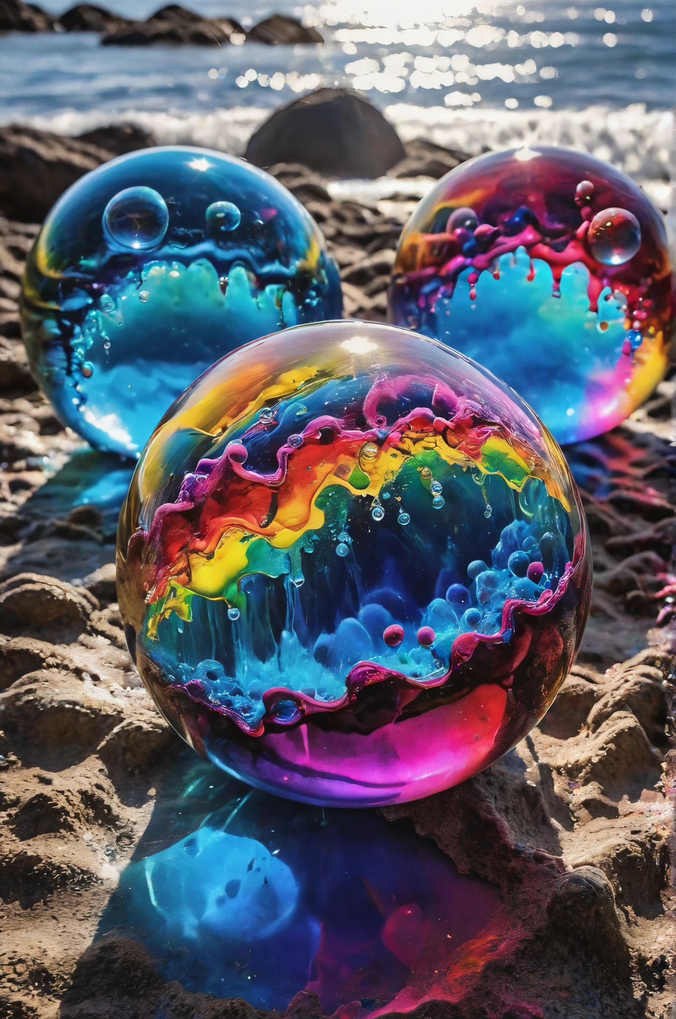 (best quality,4k,8k,highres,masterpiece:1.2),ultra-detailed,(realistic,photorealistic,photo-realistic:1.37),highly detailed psychedelic dream, vibrant shimmering colors, glass-like structures morphing from the colors, intricate rainbow patterns, perfectly formed symmetrical spheres, glowing reflective bubbles, detailed bubbles and spheres, rainbows of color twisted in and out of translucent orbs, spilled paint, spirals of swirling color in the background, beautiful psychedelic digital art, pixel art, neon colors, 4d mandelbulb psychedelics, glass-like psychedelic landscape, intricate rainbow environment, psychedelic underwater brightness, trails of color and light, bright fluorescent colors, psychedelic vibrant colors, bright psychedelic neon colors, colorful paint drips out of the bubbles, 3D glass spheres melting into each other spilling out colors, visually disorienting, hallucination inducing, optical illusions, startling, stunning images, awe-inspiringly, pixel assets, portrait photography, surrealism, photorealistic, hyperdetailed, glass morphism, digital art, sparkle, optical illusion, glowing light, reflection light, overexposure, god rays backlighting, depth of field, rotational symmetry