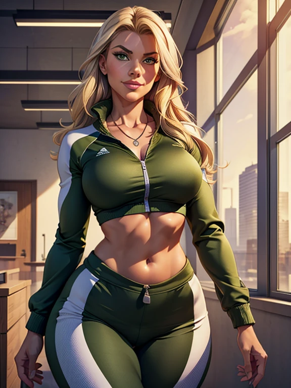 Alisha Lehmann sexy, with blonde hair, She is wearing a dark green bikini sweatshirt, she has giant breasts. Show it in full