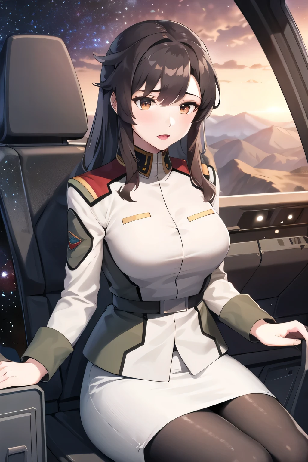 masterpiece,  best quality,  high definition , gentle 1 ,  1 girl, Alone, (black_ pantyhose:1.1), military uniform, military, compensate,  white shirt,  White Skirt,  tight skirt ,  is sitting,  upper body,  Cockpit , space,  open your mouth,