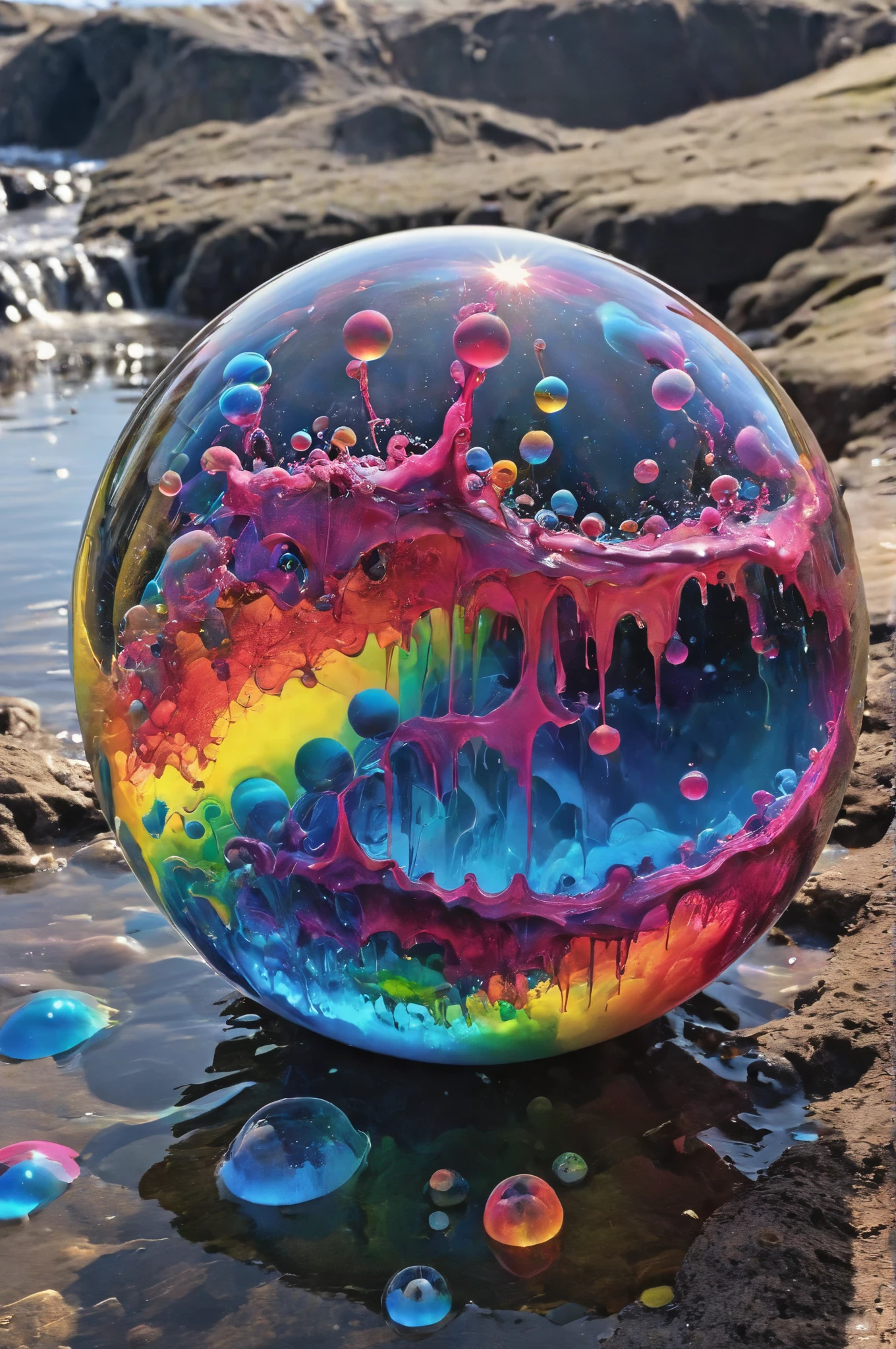 (best quality,4k,8k,highres,masterpiece:1.2),ultra-detailed,(realistic,photorealistic,photo-realistic:1.37),highly detailed psychedelic dream, vibrant shimmering colors, glass-like structures morphing from the colors, intricate rainbow patterns, perfectly formed symmetrical spheres, glowing reflective bubbles, detailed bubbles and spheres, rainbows of color twisted in and out of translucent orbs, spilled paint, spirals of swirling color in the background, beautiful psychedelic digital art, pixel art, neon colors, 4d mandelbulb psychedelics, glass-like psychedelic landscape, intricate rainbow environment, psychedelic underwater brightness, trails of color and light, bright fluorescent colors, psychedelic vibrant colors, bright psychedelic neon colors, colorful paint drips out of the bubbles, 3D glass spheres melting into each other spilling out colors, visually disorienting, hallucination inducing, optical illusions, startling, stunning images, awe-inspiringly, pixel assets, portrait photography, surrealism, photorealistic, hyperdetailed, glass morphism, digital art, sparkle, optical illusion, glowing light, reflection light, overexposure, god rays backlighting, depth of field, rotational symmetry