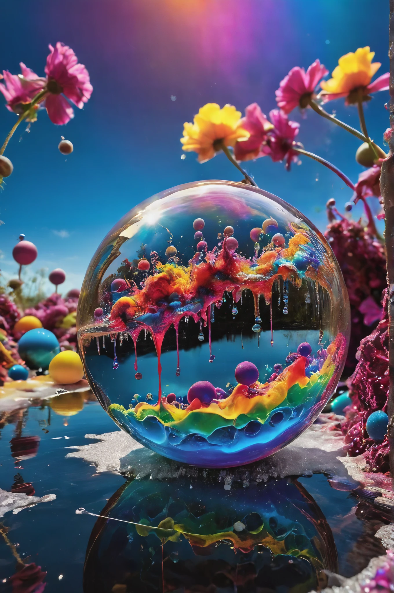 (best quality,4k,8k,highres,masterpiece:1.2),ultra-detailed,(realistic,photorealistic,photo-realistic:1.37),highly detailed psychedelic dream, vibrant shimmering colors, glass-like structures morphing from the colors, intricate rainbow patterns, perfectly formed symmetrical spheres, glowing reflective bubbles, detailed bubbles and spheres, rainbows of color twisted in and out of translucent orbs, spilled paint, spirals of swirling color in the background, beautiful psychedelic digital art, pixel art, neon colors, 4d mandelbulb psychedelics, glass-like psychedelic landscape, intricate rainbow environment, psychedelic underwater brightness, trails of color and light, bright fluorescent colors, psychedelic vibrant colors, bright psychedelic neon colors, colorful paint drips out of the bubbles, 3D glass spheres melting into each other spilling out colors, visually disorienting, hallucination inducing, optical illusions, startling, stunning images, awe-inspiringly, pixel assets, portrait photography, surrealism, photorealistic, hyperdetailed, glass morphism, digital art, sparkle, optical illusion, glowing light, reflection light, overexposure, god rays backlighting, depth of field, rotational symmetry