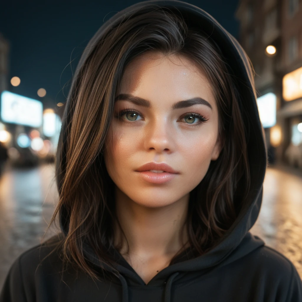 a photo of alina lopez, ohwx woman, on a city street, wearing a hoodie, close up, best quality 