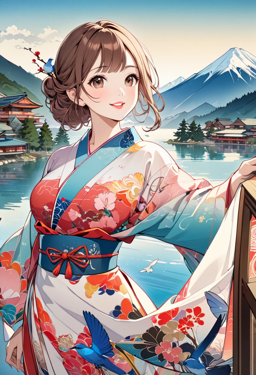 ( best quality, masterpiece,  high definition , 8k),  Young and Beautiful Women ,  cute face,  colorful kimono with bright patterns that reveal the chest, Mid-chest,  beautiful smiling woman ,  beautiful brown eyes ,  Pretty Pink Lips , Long brown hair,  look at me and smile, Mountain, Hotel, lake, blue bird ,  birds are flying, Blue Butterfly, large pine tree branch, Colorful Ukiyo-e style illustrations,  Detailed Illustration Art , 