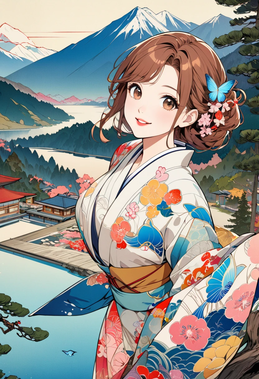 ( best quality, masterpiece,  high definition , 8k),  Young and Beautiful Women ,  cute face,  colorful kimono with bright patterns that reveal the chest, Mid-chest,  beautiful smiling woman ,  beautiful brown eyes ,  Pretty Pink Lips , Long brown hair,  look at me and smile, Mountain, Hotel, lake, blue bird ,  birds are flying, Blue Butterfly, large pine tree branch, Colorful Ukiyo-e style illustrations,  Detailed Illustration Art , 