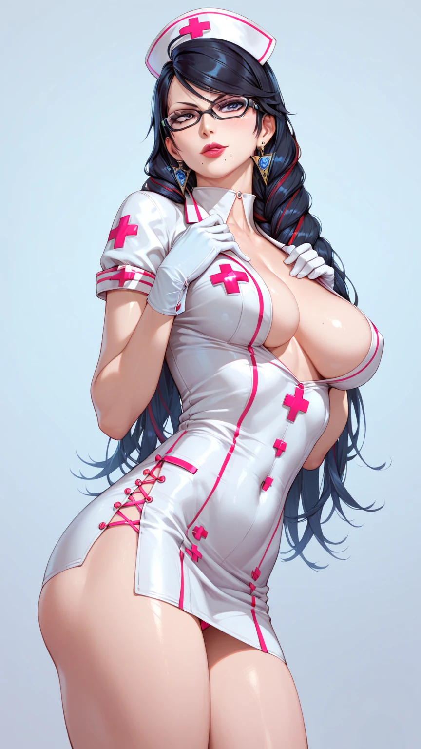 Bayonetta in a sexy nurse's uniform.