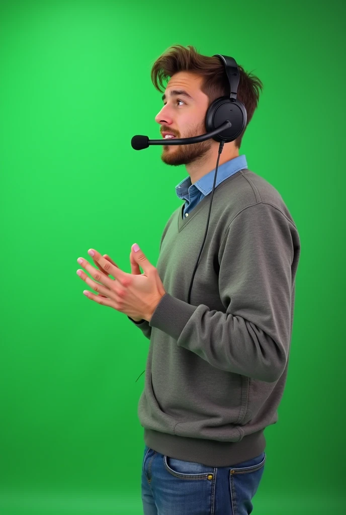 a guy gamer pointing left and talking with chroma key greenscreen background