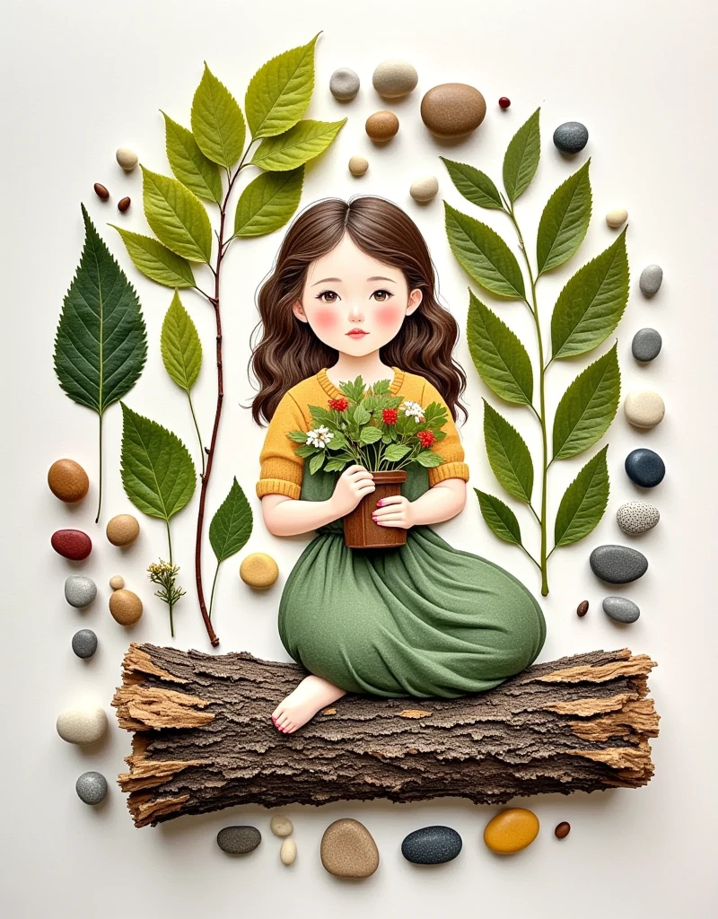  leaves and seeds of various plants、 bark and other parts ，Make a handmade sticker with stones ，Watercolor Pencil， ， sitting in a bunch of flowers made of leaves，(((The picture is of a beautiful girl holding a vase )))，Sitting on your knees，Simple composition ， Master's work