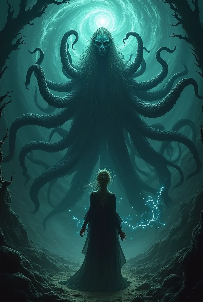 cinematic still 3D CGI octane rendering of a monumental scifi lovecraftian cosmic creature looking down at a lone explorer, eldritch horror with smoke tendrils emerging from a void portal in a cosmic dreamscape, cinematic still, giant lovecraftian eldritch horror, monumental, monumental, glowing blue energy, alien, amoeba, galaxy smoke tendrils, night sky, scifi, shiny intricate details, sharp, 3D rendering, cinematic lighting, unreal engine, blender