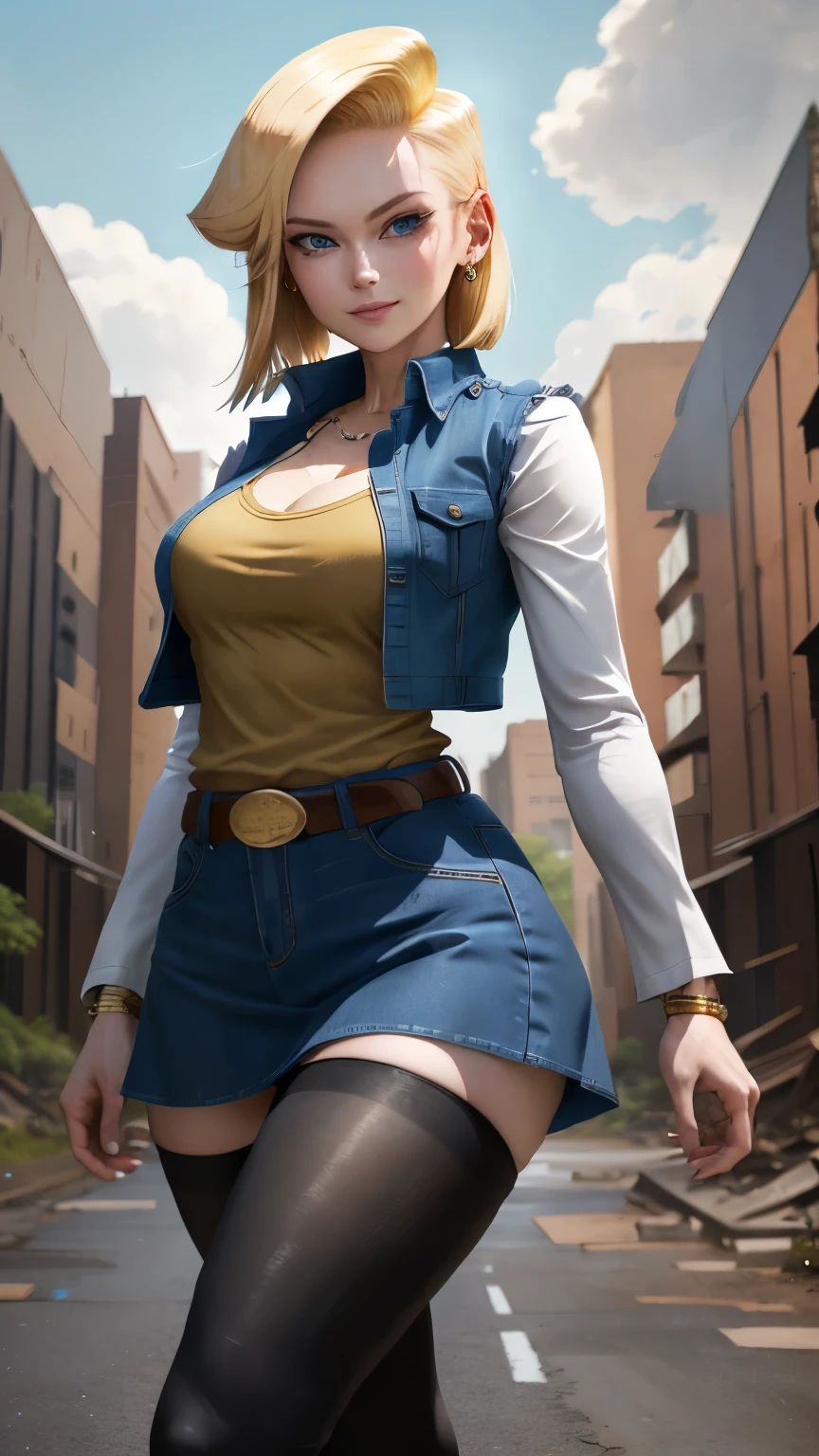 best quality, high-res, and18, 1girl, android 18, solo, blonde hair, blue eyes, belt, blue demin bodycon skirt, gold necklace, black shirt, short hair, long sleeves, striped sleeves, earrings, open vest, blue denim vest, large breasts, cowboy shot, forest, straight-on, (weather: windy), combat ready position, full length pantyhose, battle ruins, wide hips, shy smile,