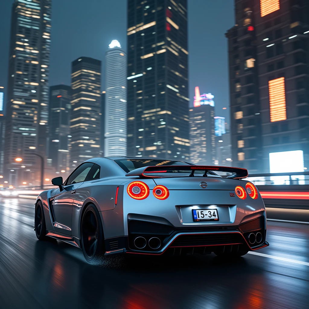  driving silver-colored car,  Very realistic photo   :1.331, silver-colored Nissan GT-R :1.5, "15-34"  license plate with text,  Shining Skyscrapers ,  running through a cyberpunk night city , 