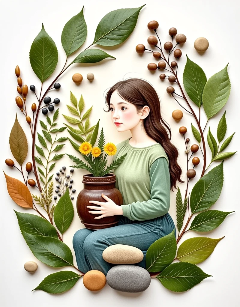 1swpth1,  leaves and seeds of various plants、 bark and other parts ，Make a handmade sticker with stones ，Watercolor Pencil， ， sitting in a bunch of flowers made of leaves，(((The picture is of a beautiful girl holding a vase )))，Sitting on your knees，Simple composition ， Master's work