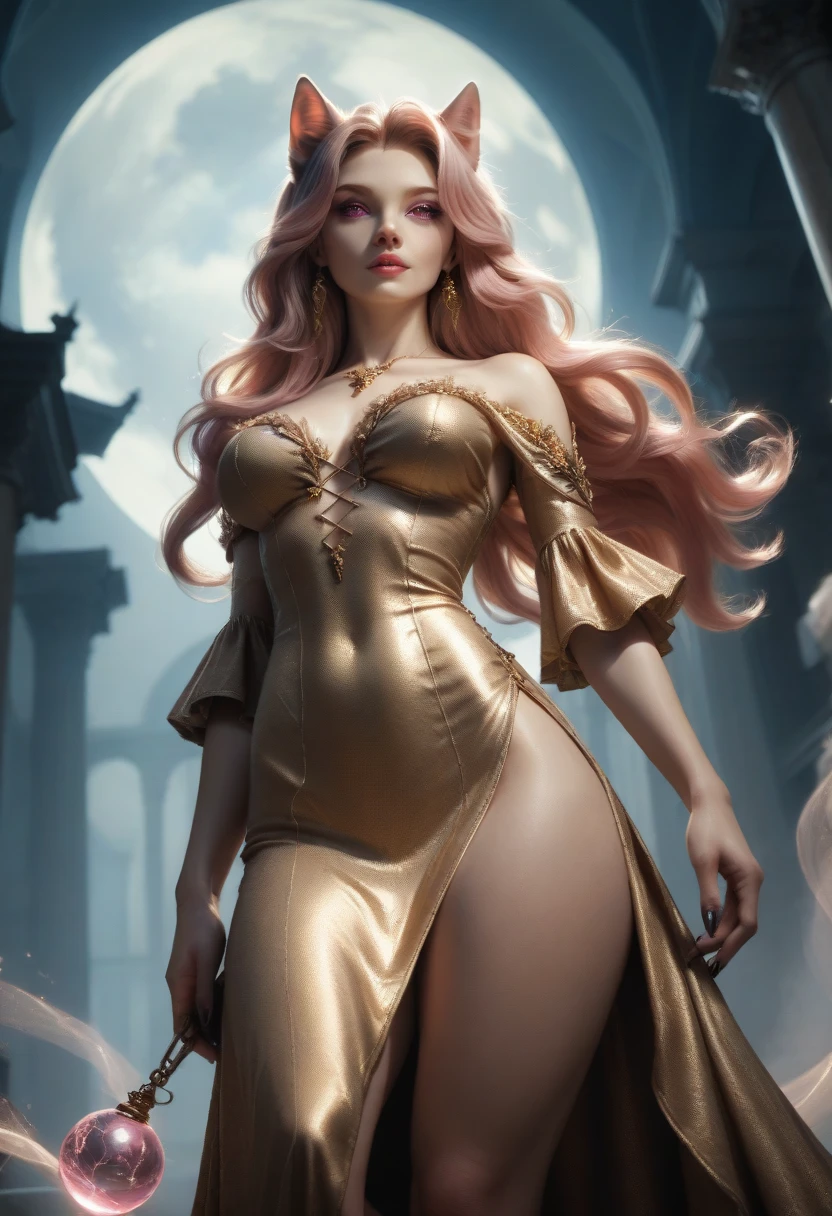    Bottom view of a sexy wolf   (Female furry,   a hairy anthropomorphic white wolf ),  Witch wolf ,graceful elegance   ,    long blond hair ,   pink eyes,  ,   long blue and gold dress with side slits,show thighs  ,  shining, long and thick legs,enchantment, magical,    fantasy art concept  ,    intricate details  , standing manipulating a ball of luminous energy ,  Dutch angle  ,