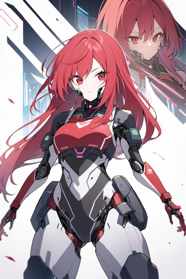 science fiction, android girl(metallic skin, cyber joint, coating red hair, red flash eyes, red armor legs)